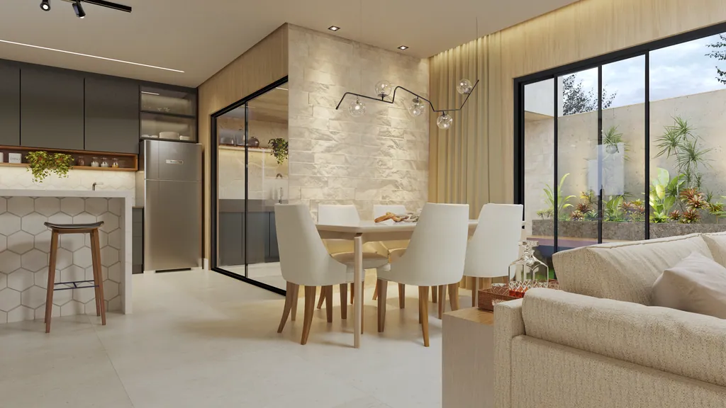 Sala de jantar integrada à cozinha, com mesa para seis lugares e porta de vidro para o quintal