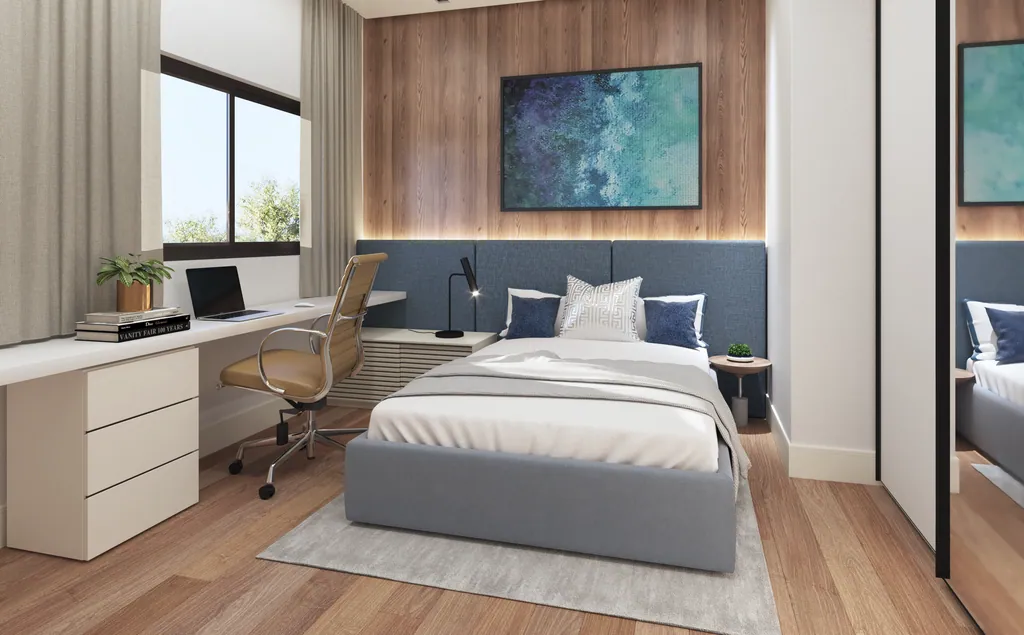 Suíte com bancada de estudos, cama de solteiro e painel de madeira