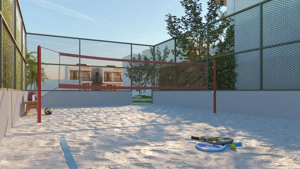 Quadra de areia para beach tennis e vôlei, cercada por tela