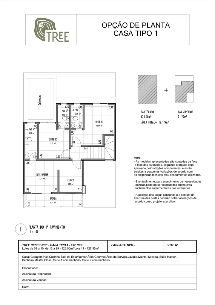 Casa tipo 1, planta padrão, pavimento superior