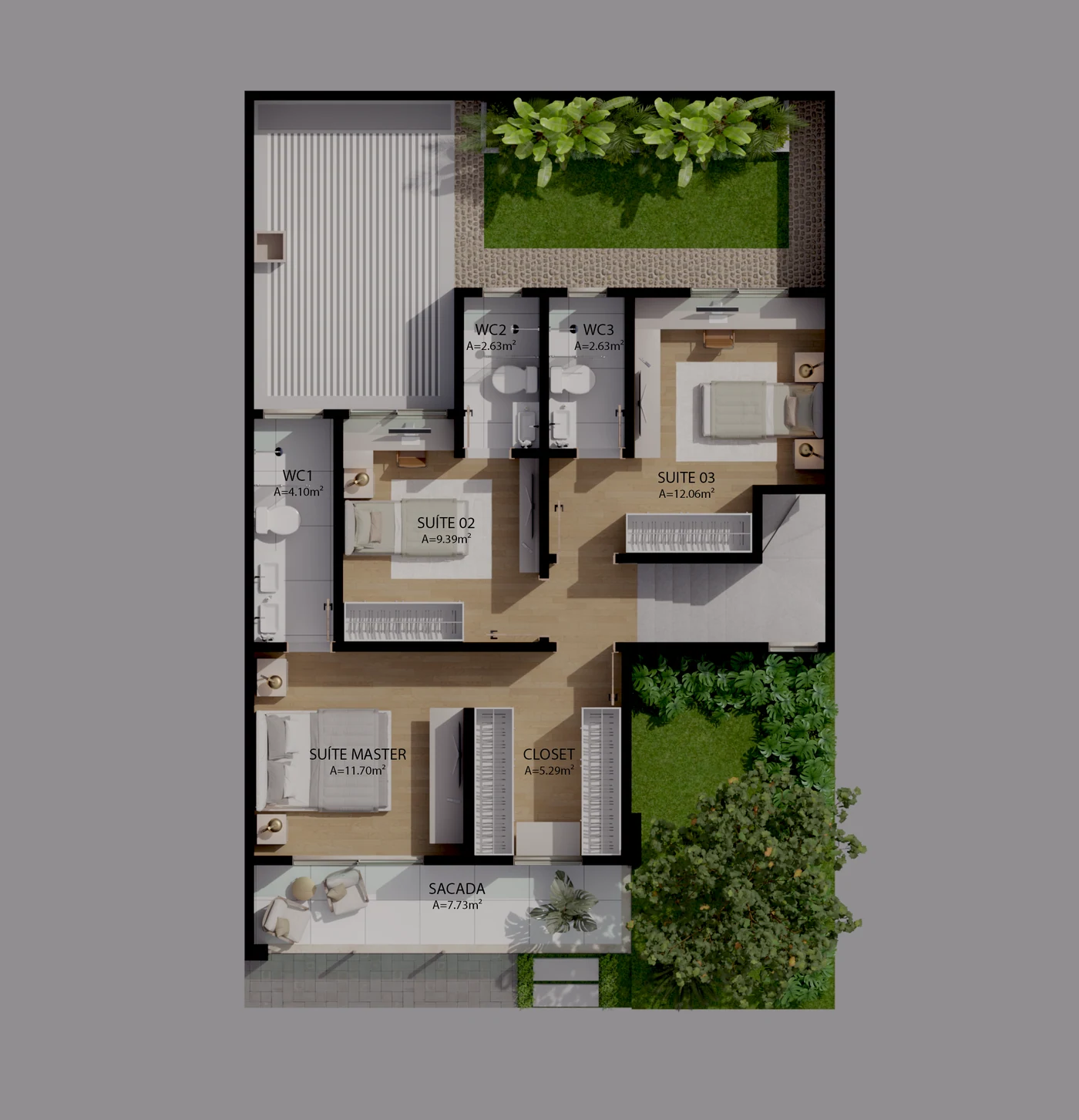Planta humanizada do pavimento superior com suíte master com closet e varanda e mais duas suítes